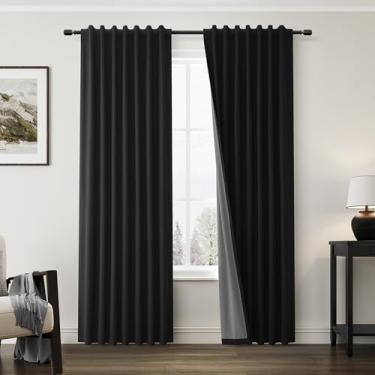 Imagem de Cortinas pretas 100% blackout de linho natural 153 cm de comprimento, conjunto de 2 painéis para quarto de bebê, sala de estar, escurecimento à prova de som, isolamento térmico, gancho de aba