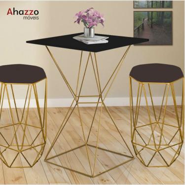 Imagem de Mesa Bistrô Lucca Industrial e 02 Banquetas Alta Liz Base Ferro Dourado Tampo Preto Corino Marrom - Ahazzo Móveis