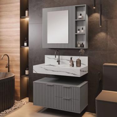 Imagem de Conjunto para Banheiro Bancada em Porcelanato com Cuba Esculpida, Armário e Espelheira Ripy 80cm