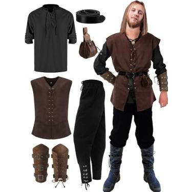 Imagem de Suhine 6 Pcs Men's Halloween Renaissance Costume Set Medieval Vest Shirt Ankle Banded Pants Viking Belt Armband Pouch (Elegant Color,XX-Large)