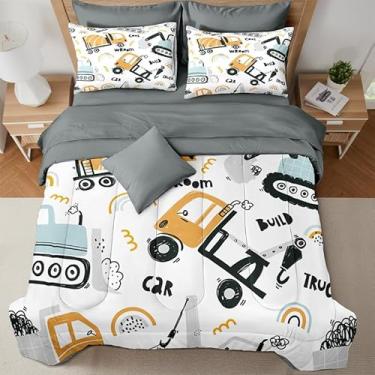 Imagem de Conjunto de edredom Queen Size 7 peças com fronhas e fronhas, desenho animado de veículo de construção, cama amarela e cinza em uma bolsa com lençol de cima e lençol de elástico