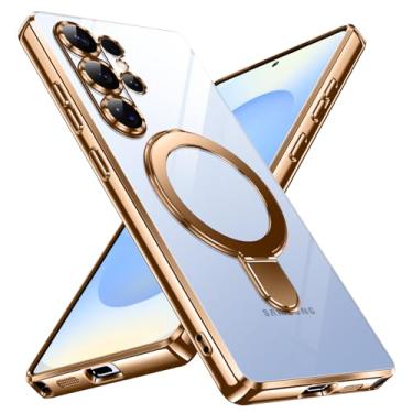 Imagem de YSLBWLE Capa ultrafina de TPU para Samsung Galaxy S25 com suporte magnético [à prova de choque de grau militar] Capa macia flexível antiamarelamento fina e suporte de 360° (ouro) 28-s25u-02