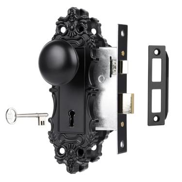 Imagem de ToPToToo Conjunto de fechadura de encaixe para porta interna, maçaneta preta fosca com trava e chave de esqueleto, substituição de fechadura de maçaneta de porta estilo antigo antigo, maçanetas de