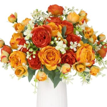 Imagem de Floweroyal 4 cachos de flores artificiais de peônia laranja e amarelo, buquês de peônias de seda para mesa de festa de casamento, arranjos florais, decoração de cozinha