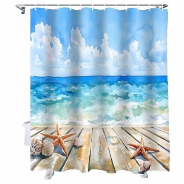Imagem de BEMIGO Cortinas de chuveiro de estrelas do mar oceano verão para banheiro, conjunto de cortina de chuveiro impermeável de tecido de fazenda com ganchos, acessórios de banheiro céu azul 182 x 182 cm