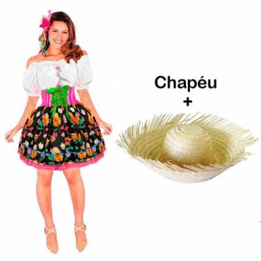 Imagem de Vestido Caipira Feminino Adulto Festa Junina de Luxo + Chapéu - Fantas