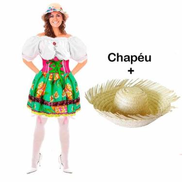 Imagem de Vestido Caipira Feminino Adulto Festa Junina de Luxo + Chapéu - Fantas