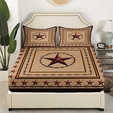 Imagem de Jogo de lençol Queen com estrela do oeste do Texas, rústico, caubói, casa de fazenda, decoração de quarto de meninos e meninas, lençol com elástico, xadrez geométrico, patchwork, marrom, retrô, 2