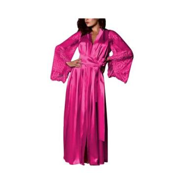 Imagem de Camisola Longa de Renda Feminina - Imitação de Seda Gelada - Cor Sólid