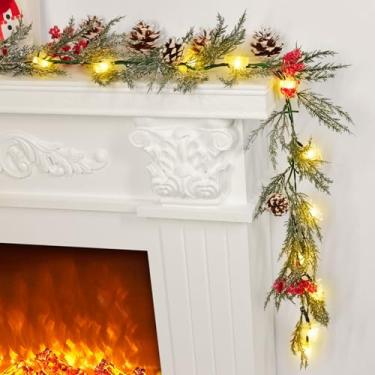 Imagem de HUZIYAHAN Guirlanda De Natal Pré-Iluminada 6 Pés Com Pinhas, Frutas Vermelhas E Luzes Para Lareira, Escadas Decoração Parede