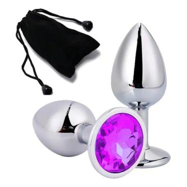 Imagem de Plug Anal em Aço Inoxidável, 7cm de Comprimento, 2,8cm de Diâmetro, Base com Cristal Roxo, Design Anatômico