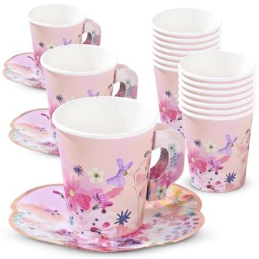 Imagem de Talking Tables Conjunto de xícaras de chá de papel floral e pires em forma, pacote com 12, 170 g, 14 cm, Pretty Pink Blossom Girls, Daughter, Girly
