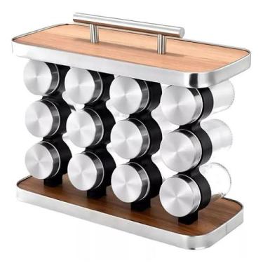 Imagem de Porta Tempero de Aço Inox com 12 Potes e Suporte de Madeira Home Land 