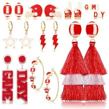 Imagem de Vogueknock 9 pares de brincos femininos para o dia do jogo, estrela do relâmpago, futebol, brincos, pingentes, acessórios para o dia do jogo, One Size, Metal, Sem pedra preciosa