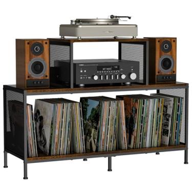 Imagem de Mesa de toca-discos vintage espaçosa - comporta 350 álbuns de vinil, divisórias ajustáveis, áreas de exibição lateral - ideal para sala de estar, quarto, escritório