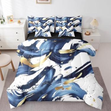 Imagem de Erosebridal Conjunto de edredom King em azul marinho e dourado, geométrico abstrato boêmio, moderno, estilo minimalista, roupa de cama chique com lençóis, linha de graffiti, desenho simples e estética