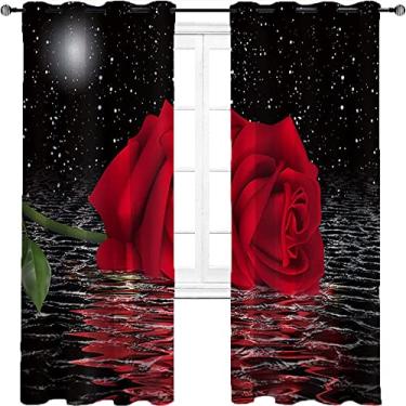 Imagem de Cortina blackout rosa floral com ilhós, flor rosa vermelha sob a lua céu estrelado preto, tecido impermeável, para quarto, jardim de infância, sala de estar, L 106 x C 182 cm vermelho preto