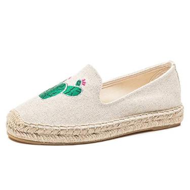 Imagem de U-lite Mocassim feminino sem cadarço plataforma alpargatas bordado lona linho mocassim, Bege/cacto, 35