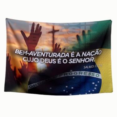 Imagem de Bandeira Decorativa Evangélica Bem-aventurada é a Nação Cujo Deus é o Senhor em Tecido Oxford Sublimado a Laser Face Única 1x1,5m