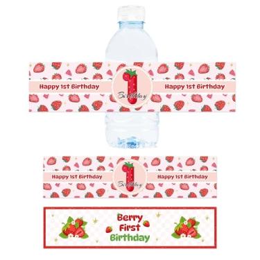 Imagem de 40 etiquetas de garrafa de água de primeiro aniversário de baga, decorações de morango para meninas, chá de bebê/festa de 1º aniversário, lembrança, placa de decoração de garrafa de água, adesivos