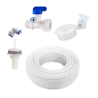 Imagem de Boia Nível + Conector Fixação da Boia + Engate Rápido 1/4 + Registro Rosca 1/2 Saída 1/4 + Mangueira (Engate L Branco/Azul, 01 Metro Mangueira)