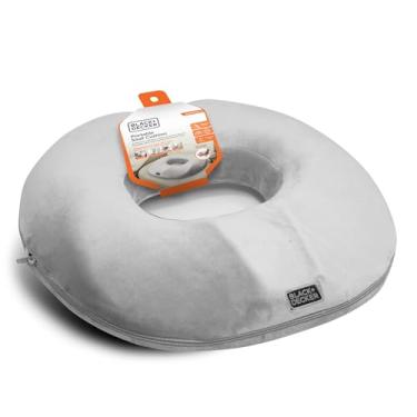 Imagem de BLACK+DECKER Almofada de assento donut para alívio da dor no cóccix – Almofada de espuma viscoelástica de veludo para carro, cadeira de escritório, cadeira de rodas, viagens, capa lavável, cinza