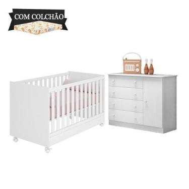 Imagem de Berço Mini Cama E Cômoda Sapateira Doce Sonho Branco Com Colchão E Rod
