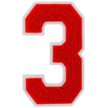 Imagem de 1 peça de patch de número de chenille vermelho de 10 cm, remendos de ferro para chapéus, roupas, bolsas, mochilas, jeans, par com remendos iniciais letras grandes universitárias (vermelho 3)
