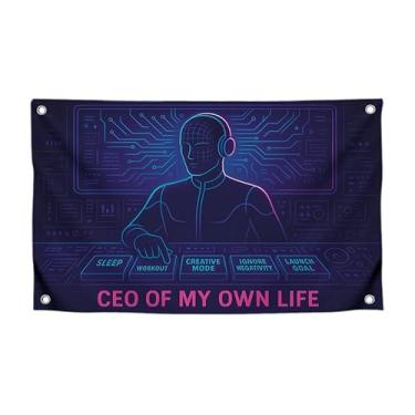 Imagem de Bandeiras de 9 x 1,2 m com DJ e citação "Ceo Of My Own Life" com quatro argolas de latão - pôsteres legais de um lado para festa de estudantes - Tapeçarias de poliéster decoração de presente de parede