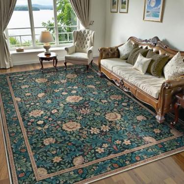 Imagem de LIVEBOX Tapetes de área grande laváveis à máquina, 20 x 25 cm, tapetes boho antiderrapantes para sala de estar, tapete retrô floral vintage para crianças, brincar, quarto, sala de jantar, azul marinho