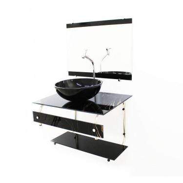 Imagem de Gabinete Banheiro 60Cm Cuba Redonda Mármore Preto+Torneira