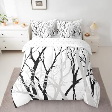 Imagem de Erosebridal Conjunto de edredom Queen com estampa de ramo de árvore, arte abstrata, planta, trabalho botânico, para crianças, meninos, meninas, moderno, geométrico, simples, preto e cinza
