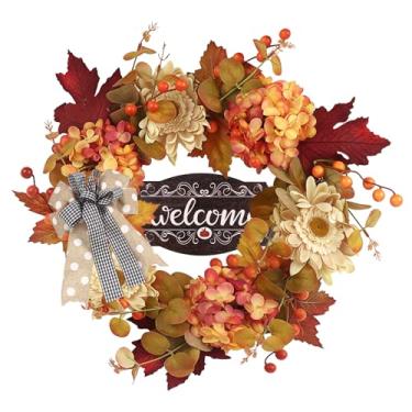 Imagem de Culudea Guirlanda de outono de 50,8 cm, guirlanda artificial para porta da frente com laço, crisântemo, folhas de bordo vermelhas, decoração aconchegante de outono para varanda externa, varanda