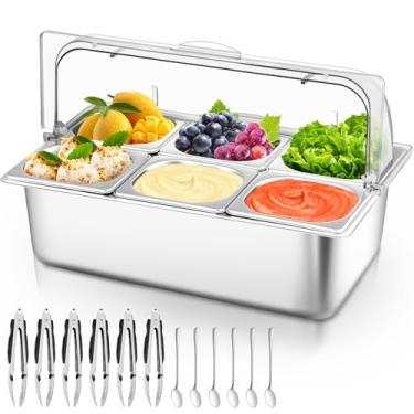 Imagem de Recipiente para servir comida de bancada com tampa superior transparente, bandeja de aço inoxidável para servir salada, dispensador de condimentos, bandeja de exibição de comida gelada para buffet