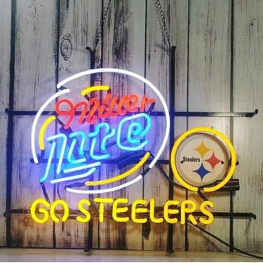 Imagem de Cerveja feita à mão em tubo de néon de vidro real compatível com Miller Lite Go Steeler Sinais de néon para bar em casa homem caverna pub loja restaurante decoração de parede decoração de parede