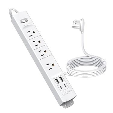 Imagem de TROND Extensão com tomada plana, 2 USB-C 2 USB-A, 1440J, cabo de 5 pés, montagem na parede, 1625 W, ideal para escritório e quartos, branco.