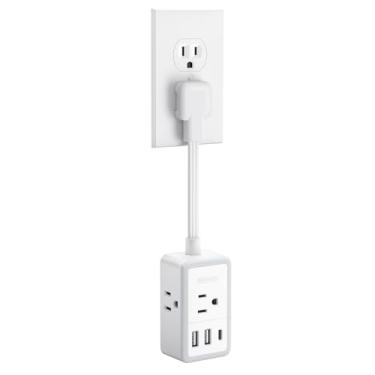 Imagem de NTONPOWER - Cabo de extensão curto de 15 cm, extensor de saída plana com 3 saídas CA, 3 mini cabos de extensão de parede plana USB (1 USB-C) para escritório em casa