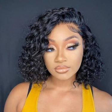 Imagem de ManeMajesty Perucas curtas de renda frontal para mulheres negras T Part 13 x 5,5 x 1 sem cola HD Lace pré-arrancadas linha do cabelo encaracolado profundo perucas afro encaracolado 100% peruca de