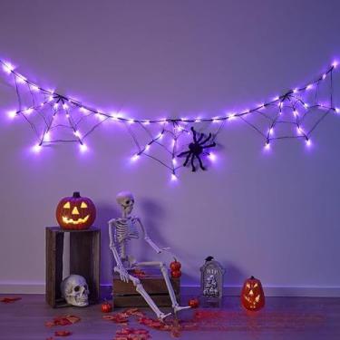 Imagem de Cordão de luzes de teia de aranha de Halloween, 60 LEDs laranja e roxo, 8 modos de iluminação, função de temporizador, alimentado por bateria/USB, interior externo (roxo, alimentado por bateria)