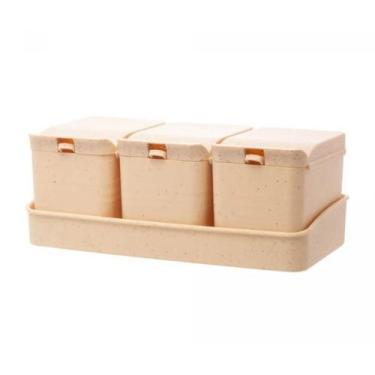 Imagem de Conjunto 3 Porta Temperos de Bambu e PP com Colher e Bandeja Lines Beg