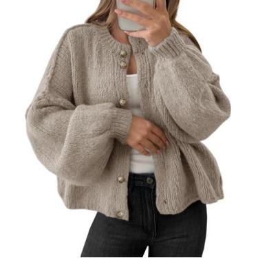 Imagem de Suéter de cardigã Saodimallsu, grande, de malha grossa, cáqui, feminin