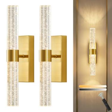 Imagem de Arandelas de parede douradas, operadas por bateria, conjunto de 2, arandelas de parede recarregáveis sem fio de 10.000 mAh com controle remoto, 3 CCT, luzes de parede de cristal reguláveis para sala