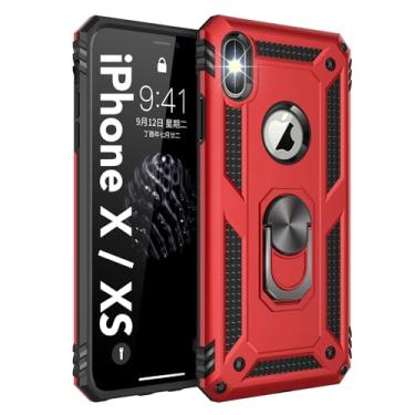 Imagem de Korecase Capa compatível com iPhone X, iPhone Xs, iPhone 10, proteção extrema, armadura militar, camada dupla, capa protetora com anel giratório de 360 graus, suporte vermelho