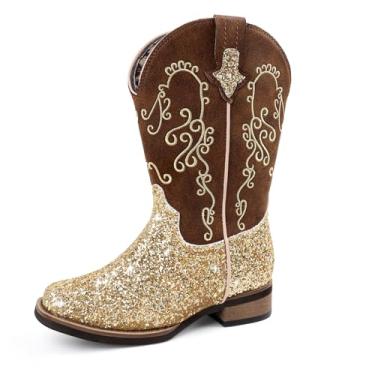 Imagem de Botas de caubói/vaqueira para meninos/meninas, botas infantis com bico quadrado ocidental com zíper lateral (branco + marrom + marrom escuro), Marrom (cow-gold), 11 Little Kid