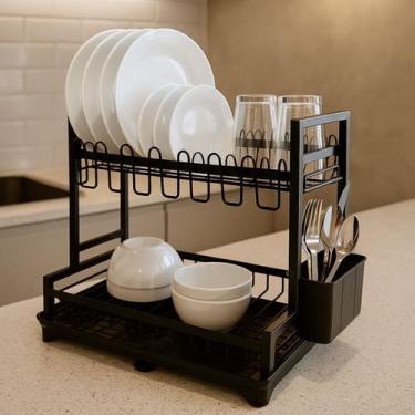 Imagem de Escorredor De Louça Inox Porta Talheres Prato Copos 2 Andar Preto - Br