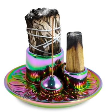 Imagem de Suporte de incenso e vela para sálvia ardente – suporte para bastões, tigela com bandeja coletora de cinzas para manchas, meditação, ioga (cor)