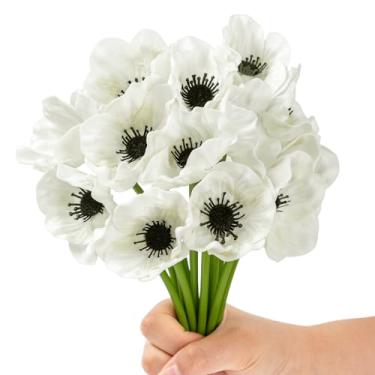 Imagem de Flor branca artificial, 12 peças de flores pretas e brancas, flor de anêmona de seda de 28 cm, hastes de poliuretano de toque real de flores falsas em branco com centro preto para centro de mesa do
