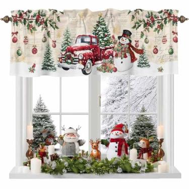 Imagem de Cortina de boneco de neve de Natal para janelas, caminhão, bolas de árvore de Natal, veado, vermelho, verde, ramo, vintage, fundo de jornal, sanefa, bolso para varão, janela, cortinas curtas para