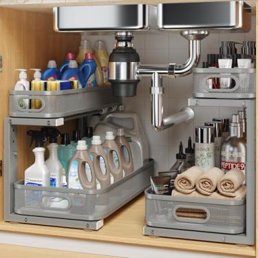Imagem de Biboraya Pacote com 2 organizadores embaixo da pia de 43 cm de profundidade com trilho cilíndrico liso, armazenamento multiuso de 2 camadas para banheiro e cozinha, altura ajustável, resistente à