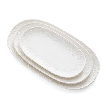 Imagem de Travessa oval de servir, pratos de cerâmica de 35,5 cm/30,5 cm/25,4 cm, pratos de servir brancos em relevo, bandeja de porcelana empilhável para aperitivo, sobremesa, macarrão, sushi, forno